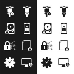 Set Smartphone with lock, Hard disk drive and, Electric scooter, Scooter, Cyber security and Document icon. Vector