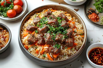 A bowl of rice and meat with vegetables on top. The bowl is on a white table