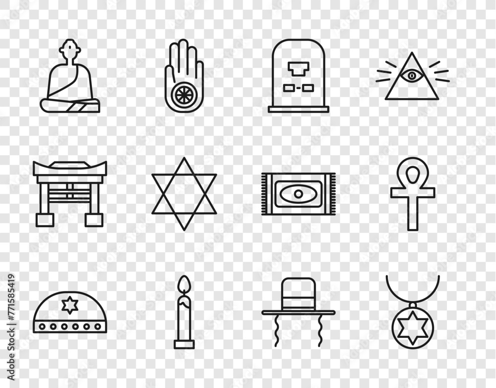 Sticker Set line Jewish kippah with star of david, Star David necklace on chain, Tombstone RIP written, Burning candle, Buddhist monk, Orthodox jewish hat sidelocks and Cross ankh icon. Vector