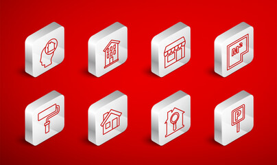Set line Parking, House, Market store, plan, Search house, Man dreaming about buying, and Paint roller brush icon. Vector