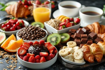 A table with a variety of fruits and pastries, including bananas, strawberries