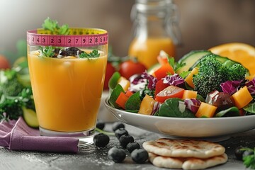 A vibrant and health-conscious scene featuring an orange juice glass, with a colorful measuring tape around the neck of the drinking cup