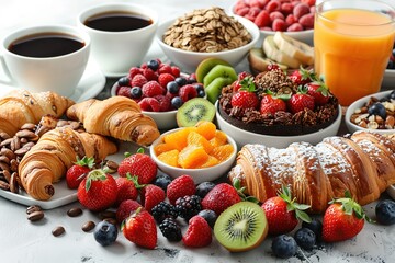 A variety of breakfast foods are arranged on the table in a visually appealing manner. Items such...