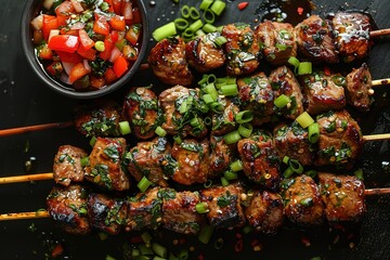 Barbecued meat shish kebab with green onions on a black background, viewed from above.