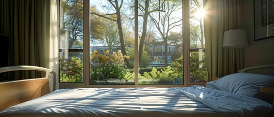 Hospital room window with a view of the garden, tranquil, natural light. 