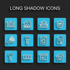 Set line House key, Garden fence wooden, Market store, with shield, contract and Washer icon. Vector