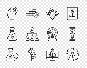 Set line Money bag, Startup project concept, Project team base, Dollar plant, Head hunting, Hierarchy organogram chart, and Light bulb with dollar mobile icon. Vector