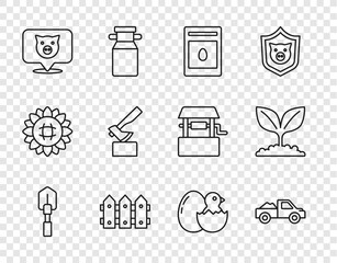 Set line Shovel, Pickup truck, Pack full of seeds of plant, Garden fence wooden, Pig, Wooden axe, Little chick in cracked egg and Plant icon. Vector © vector_v