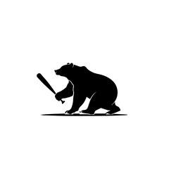 Simple black silhouette SVG of a black bear swinging a baseball, white background 
