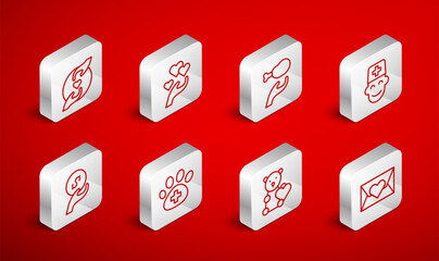 Set line Envelope with heart, Heart in hand, Donation food, Male doctor, Donate child toys, Pleasant relationship, Veterinary clinic and charity icon. Vector