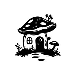 Black silhouette of a mushroom house, white background