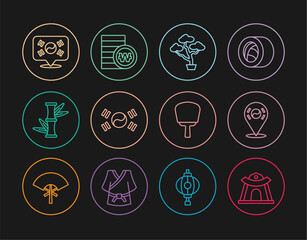 Set line Korean temple, Location South, Bonsai tree, flag, Bamboo, hand fan and won coin icon. Vector