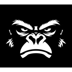 Simple white silhouette SVG of a mad gorilla, black background 