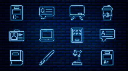 Set line Exam sheet with A plus grade, Speech bubbles Answer, Chalkboard, Laptop, Identification badge, paper incorrect answers, Graphic tablet and Question icon. Vector