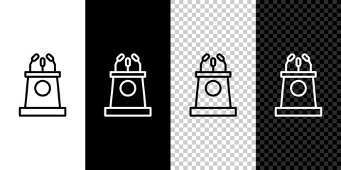 Set line Stage stand or debate podium rostrum icon isolated on black and white background. Conference speech tribune. Vector Illustration