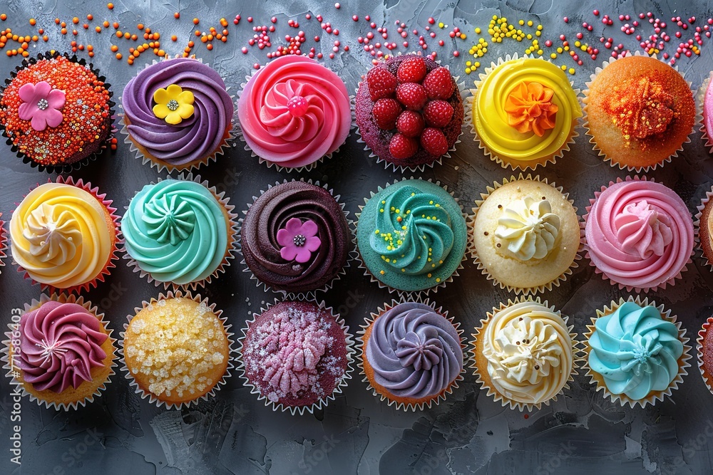 Poster a row of colorful cupcakes with different frosting and decorations