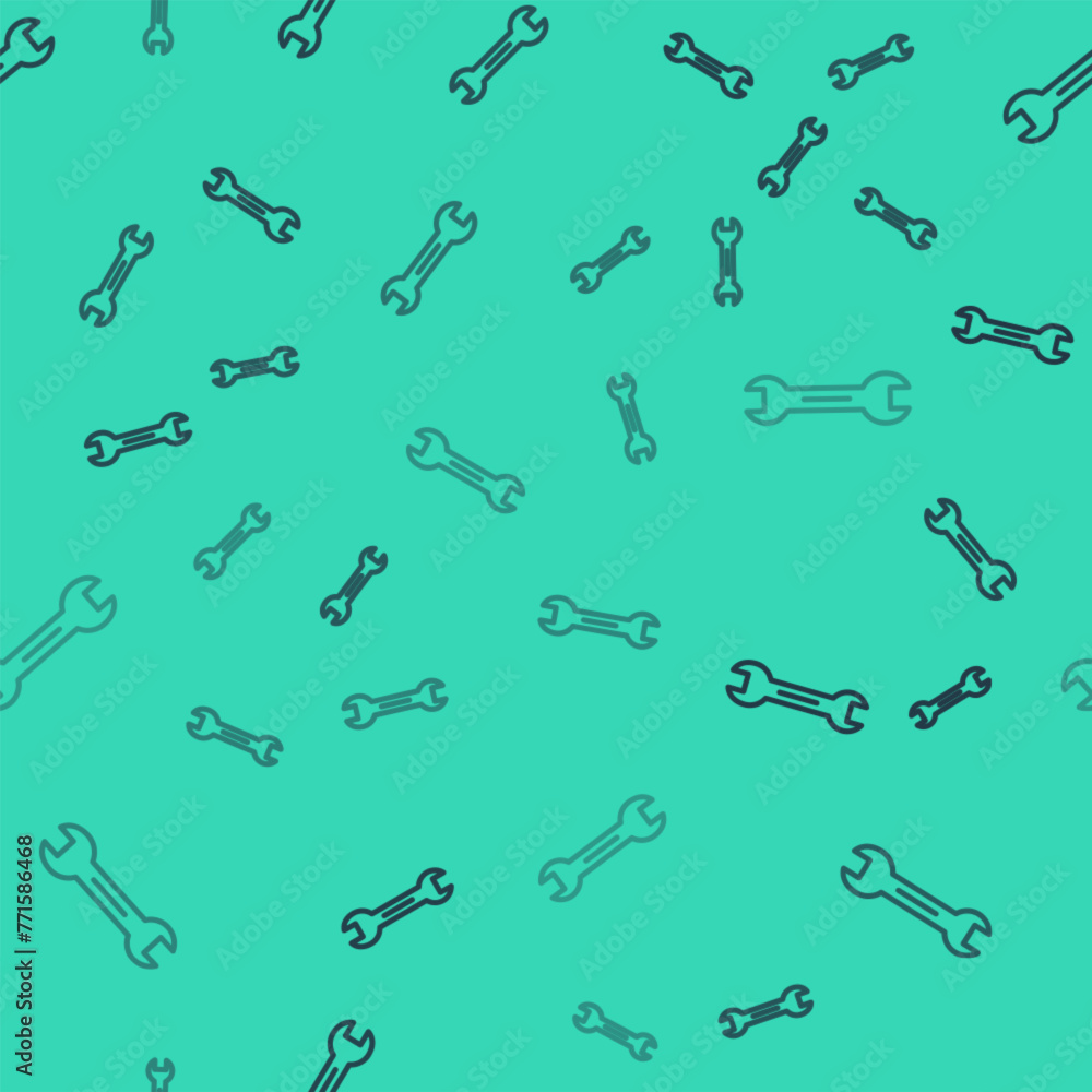 Poster black line wrench spanner icon isolated seamless pattern on green background. vector