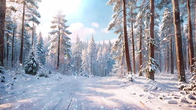 Snowy pine trees, sunlight sparkles on snow, an enchanting 4k looping Christmas video background.