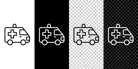 Set line Ambulance and emergency car icon isolated on black and white, transparent background. Ambulance vehicle medical evacuation. Vector © vector_v