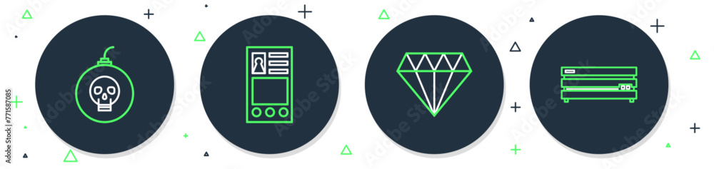Poster set line create account screen, diamond, bomb ready to explode and video game console icon. vector