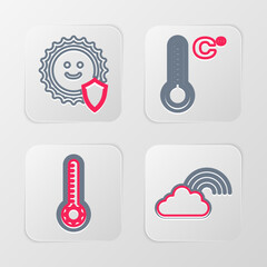 Set line Rainbow with cloud, Meteorology thermometer, and UV protection icon. Vector