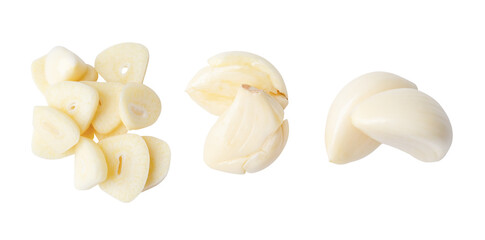 Top view set of pounded garlic cloves or slices in stack isolated with clipping path in png file format