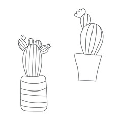 Set of cacti with flowers. Mexican outline cactus. Desert spiny plant, mexico cacti flower and tropical in vasehome plants  isolated vector collection white background.