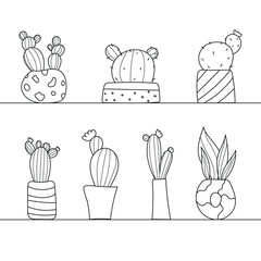 Set of cacti with flowers. Mexican outline cactus. Desert spiny plant, mexico cacti flower and tropical in vasehome plants  isolated vector collection white background.