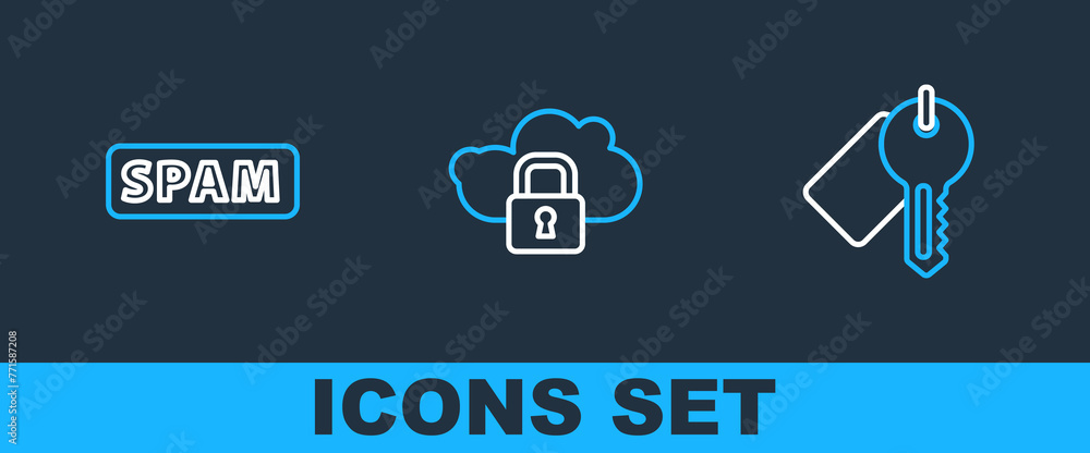 Poster set line marked key, spam and cloud computing lock icon. vector