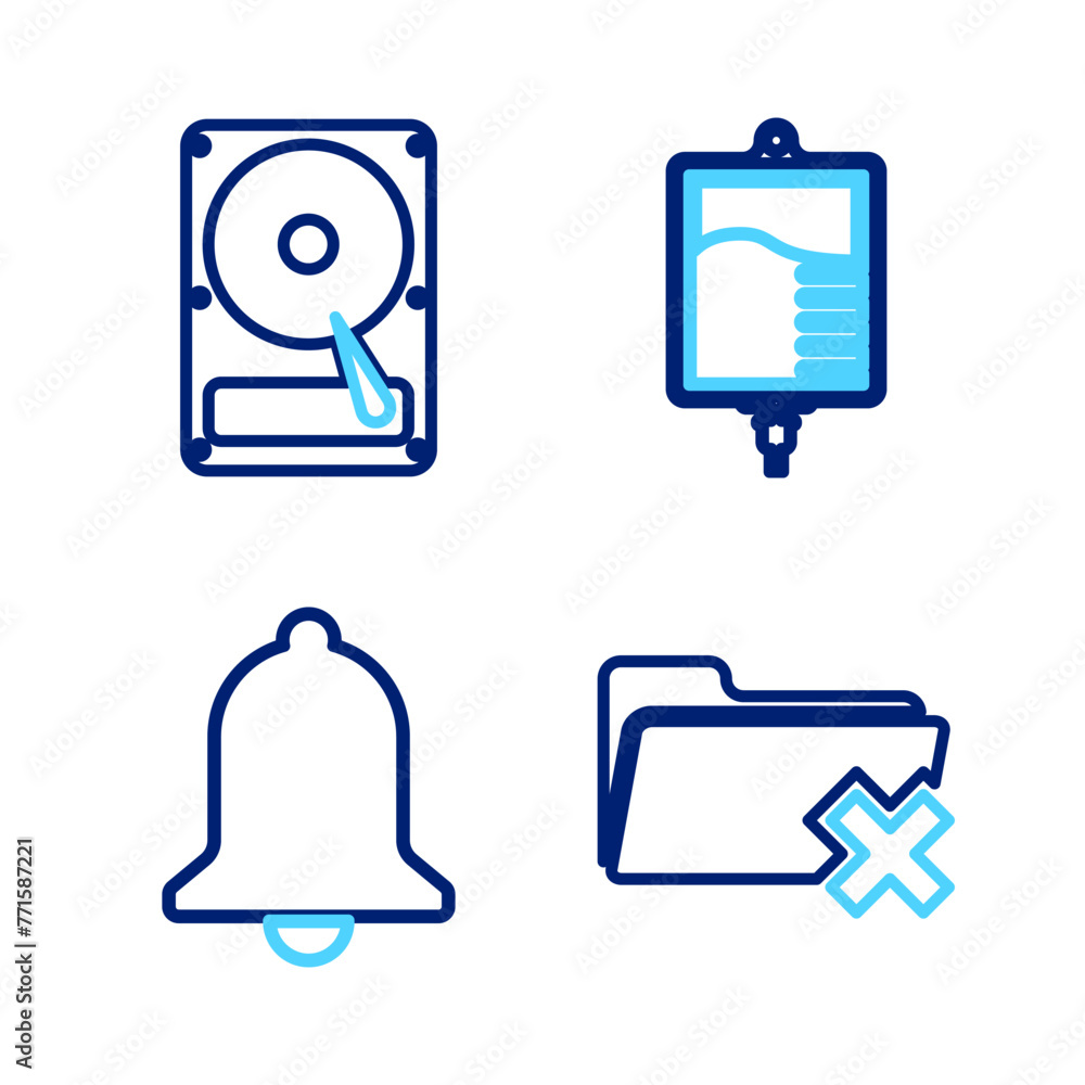 Poster set line delete folder, ringing bell, iv bag and hard disk drive hdd icon. vector