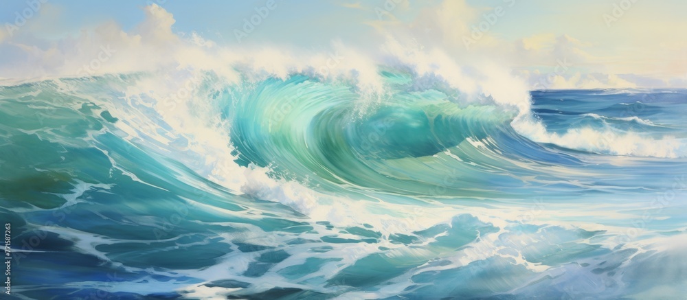 Poster a mesmerizing painting capturing the fluid movement of a wave in the ocean, with the sky and clouds 