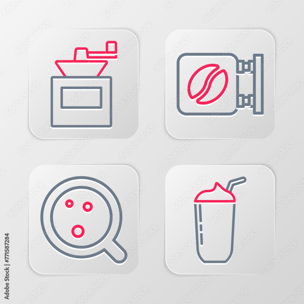 Sticker Set line Milkshake, Coffee cup, Street signboard coffee and Manual grinder icon. Vector