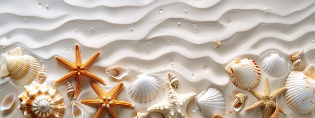A summer banner with a sandy beach, seashells, and starfish. Background with white sand. Horizontal photo with copy space top view.