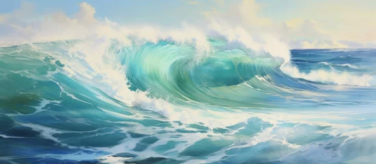 Photo sur Plexiglas Réflexion A mesmerizing painting capturing the fluid movement of a wave in the ocean, with the sky and clouds reflecting on the waters surface, creating a breathtaking horizon event