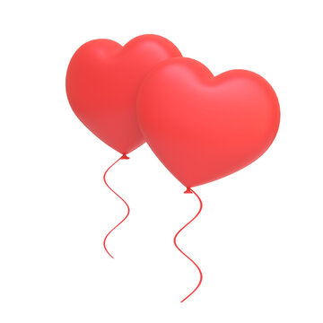 Pair of heart-shaped red balloons with elegant ribbons on a white background, symbolizing romantic celebrations and special occasions. 3D render illustration