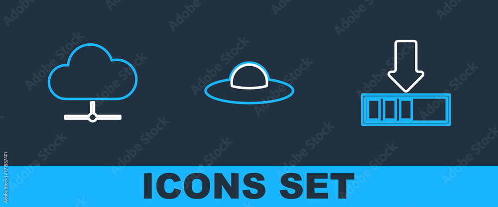Poster set line loading, network cloud connection and ufo flying spaceship icon. vector