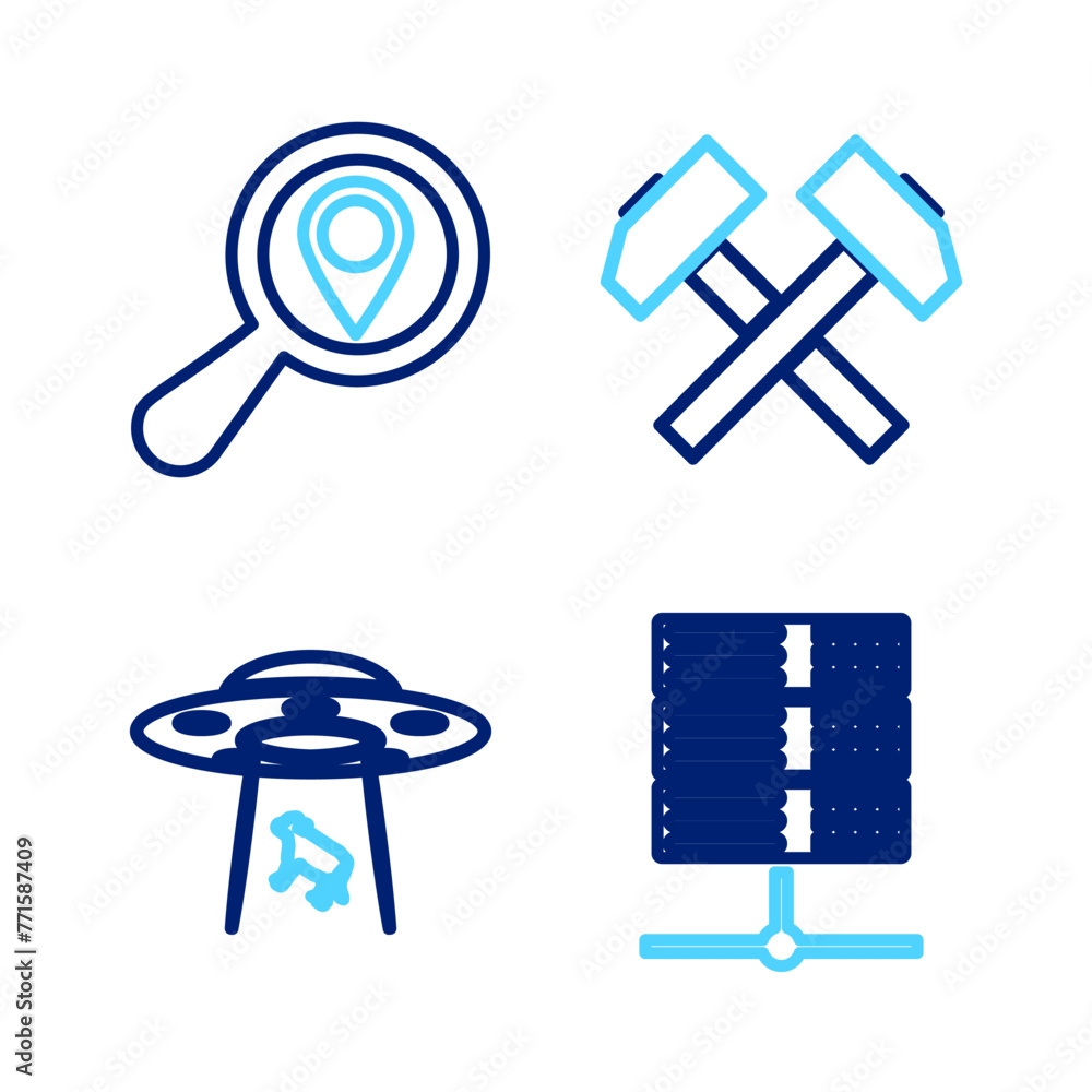 Poster set line server, data, web hosting, ufo abducts cow, two crossed hammers and search location icon. v