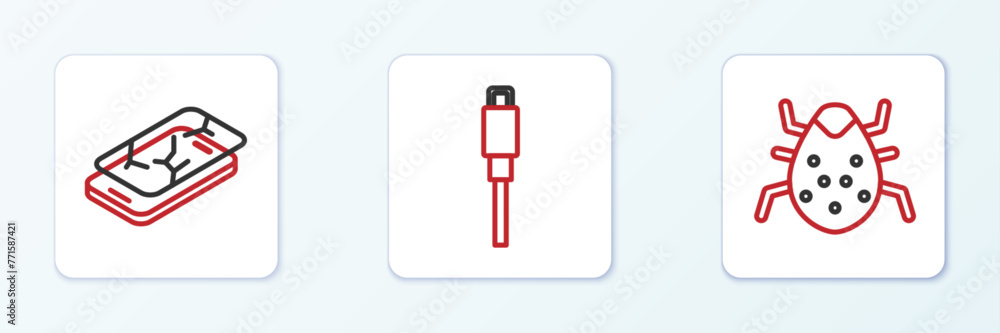 Poster set line system bug, mobile with broken screen and usb cable cord icon. vector