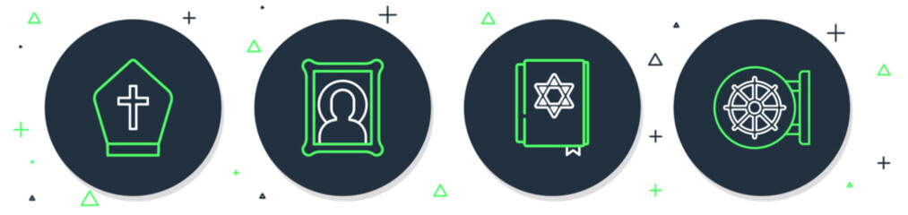 Set line Christian icon, Jewish torah book, Pope hat and Dharma wheel icon. Vector