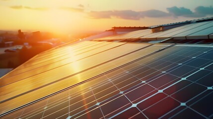 Solar panels that convert sunlight into electricity are a key element in the production of clean and renewable energy, contributing to the reduction of greenhouse gas emissions. - obrazy, fototapety, plakaty