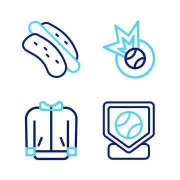 Set line Baseball base, t-shirt, and Hotdog sandwich icon. Vector