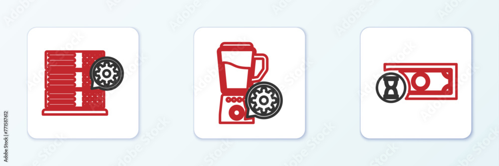 Poster set line fast payments, server setting and blender with bowl icon. vector