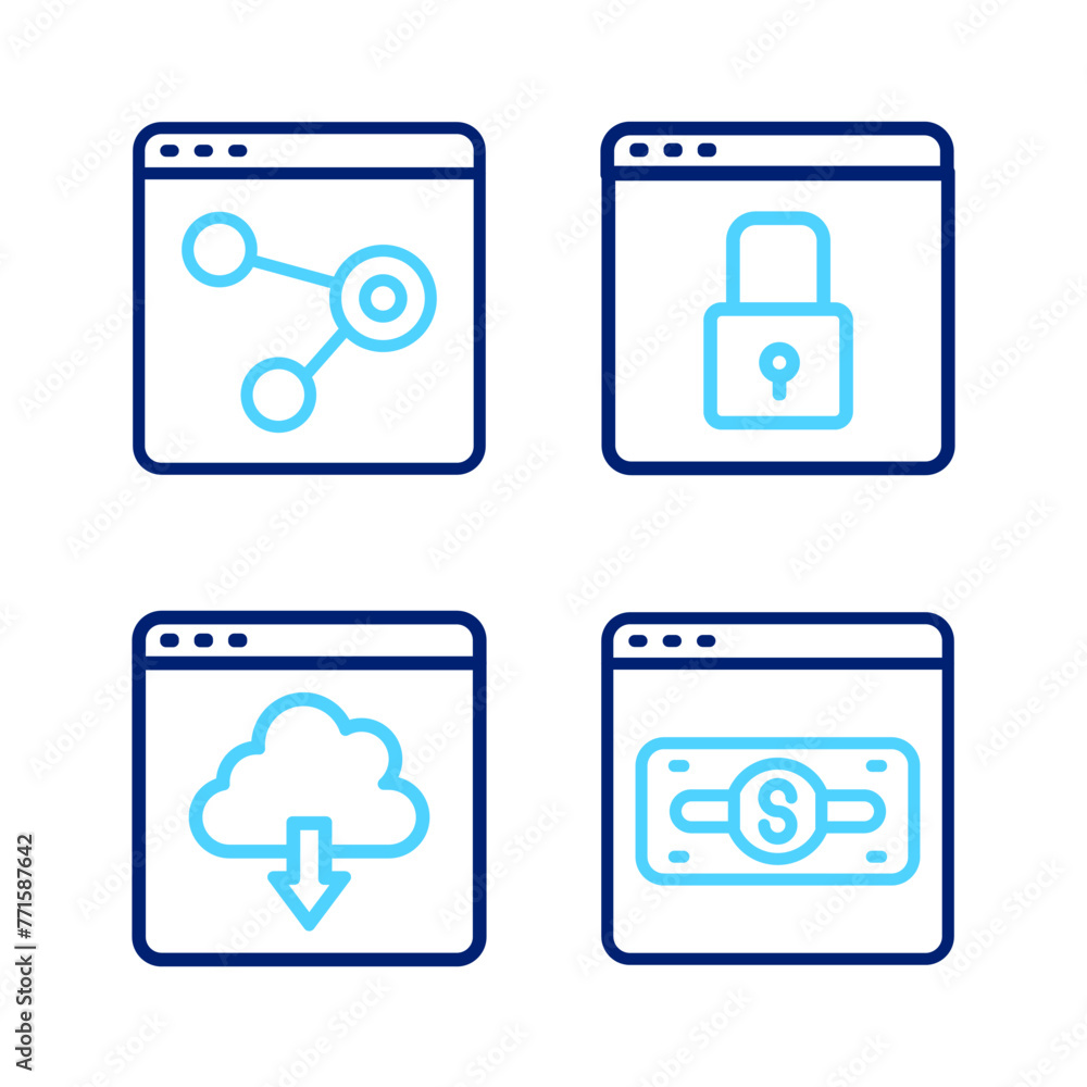 Poster set line online shopping on screen, cloud download, secure your site with https, ssl and browser win
