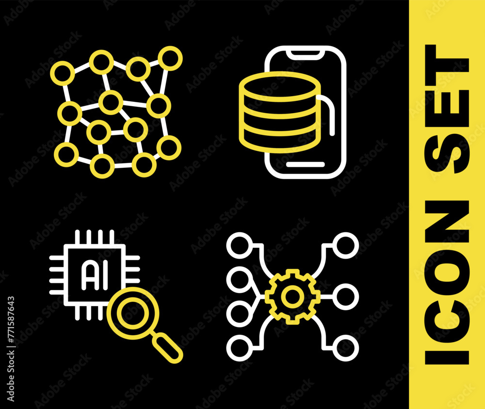 Poster set line cloud technology data transfer, neural network, processor cpu and icon. vector