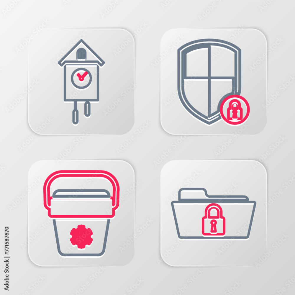 Poster set line folder and lock, cooler bag, shield security with and retro wall watch icon. vector