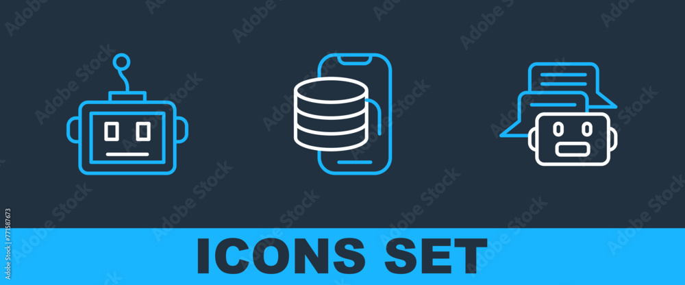 Poster set line chat bot, artificial intelligence robot and cloud technology data transfer icon. vector