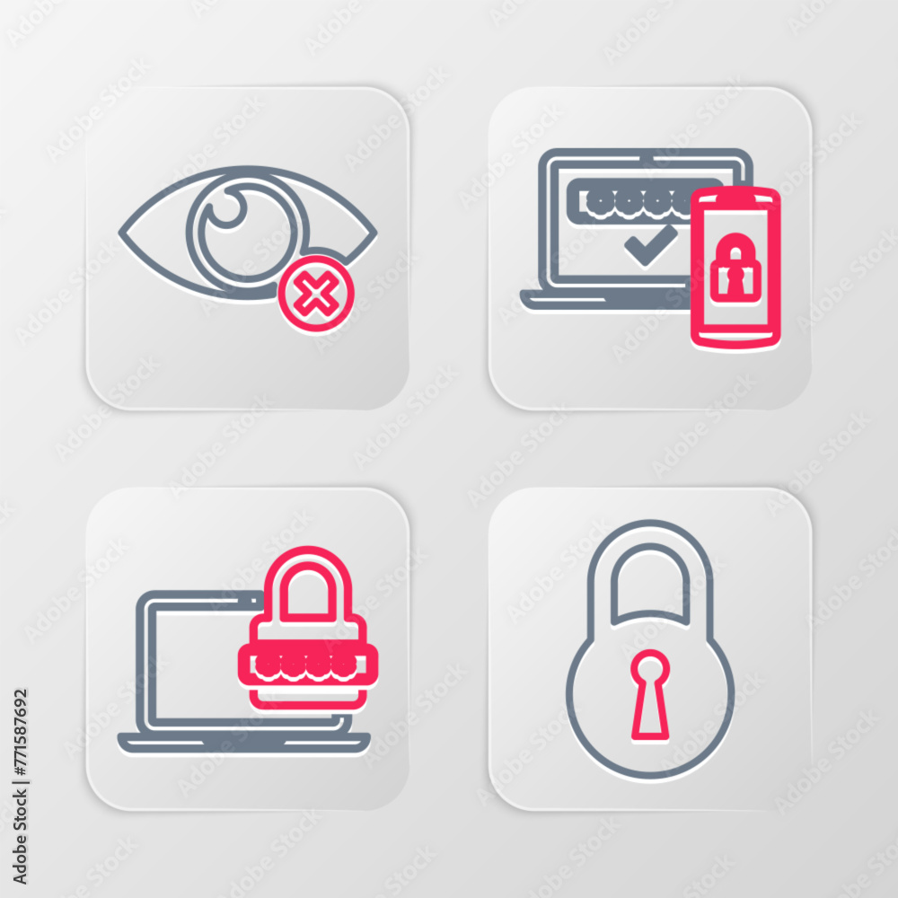 Poster set line lock, laptop with password, two steps authentication and invisible hide icon. vector