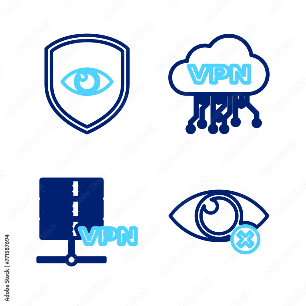 Aufkleber set line invisible or hide, server vpn, cloud interface and shield and eye icon. vector