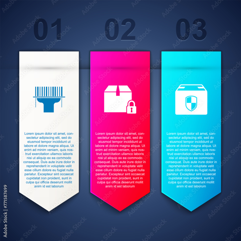 Poster set scanner scanning bar code, locked package and delivery box security shield. business infographic