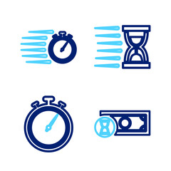Set line Fast payments, Stopwatch, Old hourglass with sand and icon. Vector